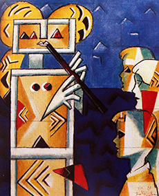 1997 contemporary painting of a music lesson
